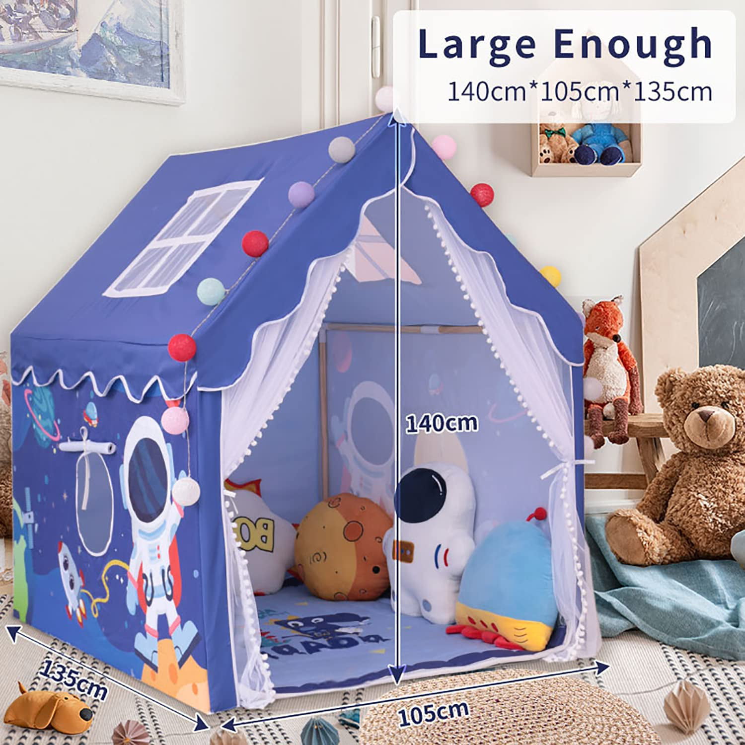 YOIKO Kids Tents Indoor Playhouses Boys 9.9Ft Star String Lights Blue Tent for Boys Upgraded Large Kids Indoor Tents and Playhouses Longer Curtain with Colorful Accessories Decoration 50.4 x 47.3 