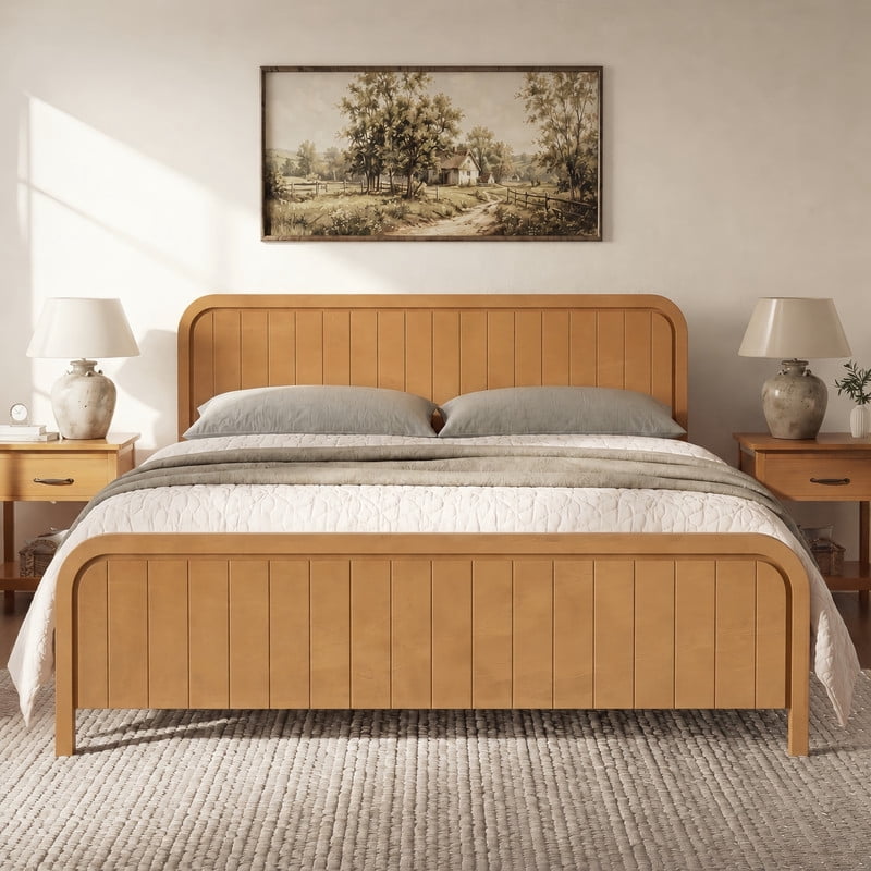 King Size Low Profile Bed Frame with Striped Headboard & Footboard, Wood Platform Bed with Slats Support & 7'' Under-Bed Space