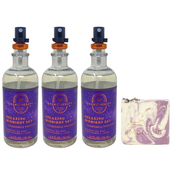 Bath & Body Works Aromatherapy Relaxing Midnight Sky Chamomile Patchouli 3 Essential Oil Mists with a Lavender Dream Bar Soap