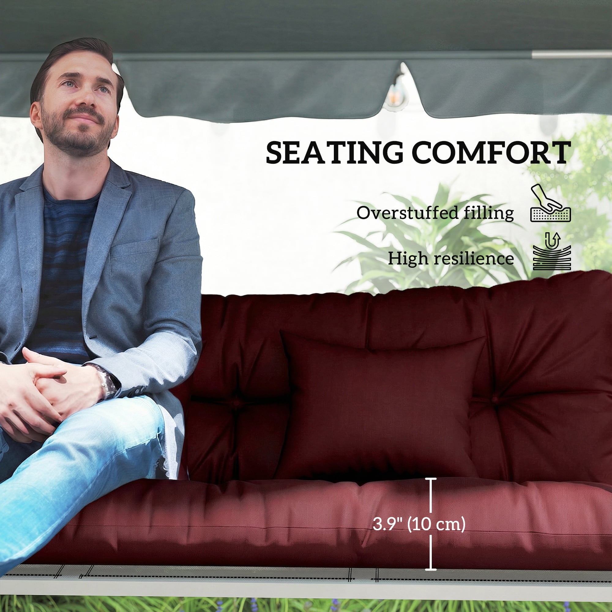 Outsunny Outdoor 1 Seat Cushion, 1 Back Cushion and 2 Pillows, for Patio Garden Furniture Seat Replacement, Wine Red