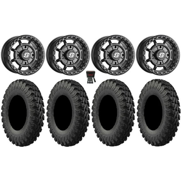 Sedona Rift 15x7 Wheels Black 35" MotoRally Tires Can-Am Maverick X3 / Honda Pioneer 1000 / Talon