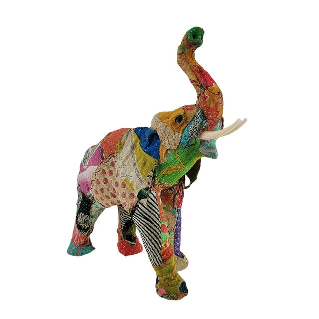 Recycled Indian Sari Fabric Covered Elephant Statue 20 In.