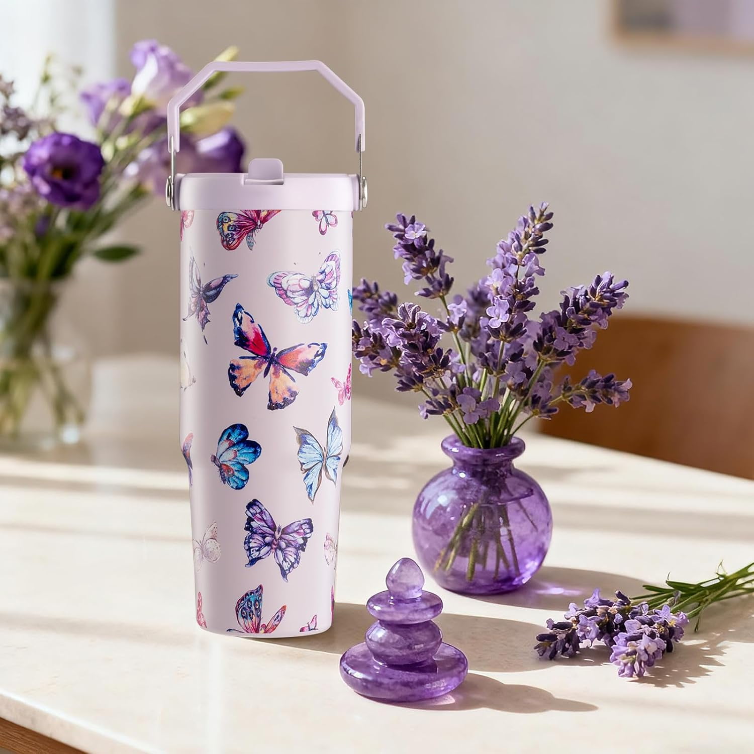 Butterfly Tumbler, Butterfly Gifts for Women 30 oz Tumbler with Handle and Flip Straw Stainless Steel Insulated Cup Travel Mug Water Bottle