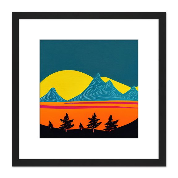 Abstract Alps Mountain Range Blue Orange Yellow Painting Square Wooden Framed Wall Art Print Picture 8X8 Inch