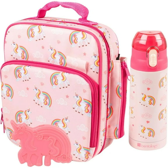 Bentology Kids Lunch Bag Set w Matching Reusable Water Bottle & Hard Ice Pack- Pink Rainbow Unicorns- Insulated Tote, Stainless Steel Insulated Thermos, Hard Ice Pack- For Kids, Girls & Boys