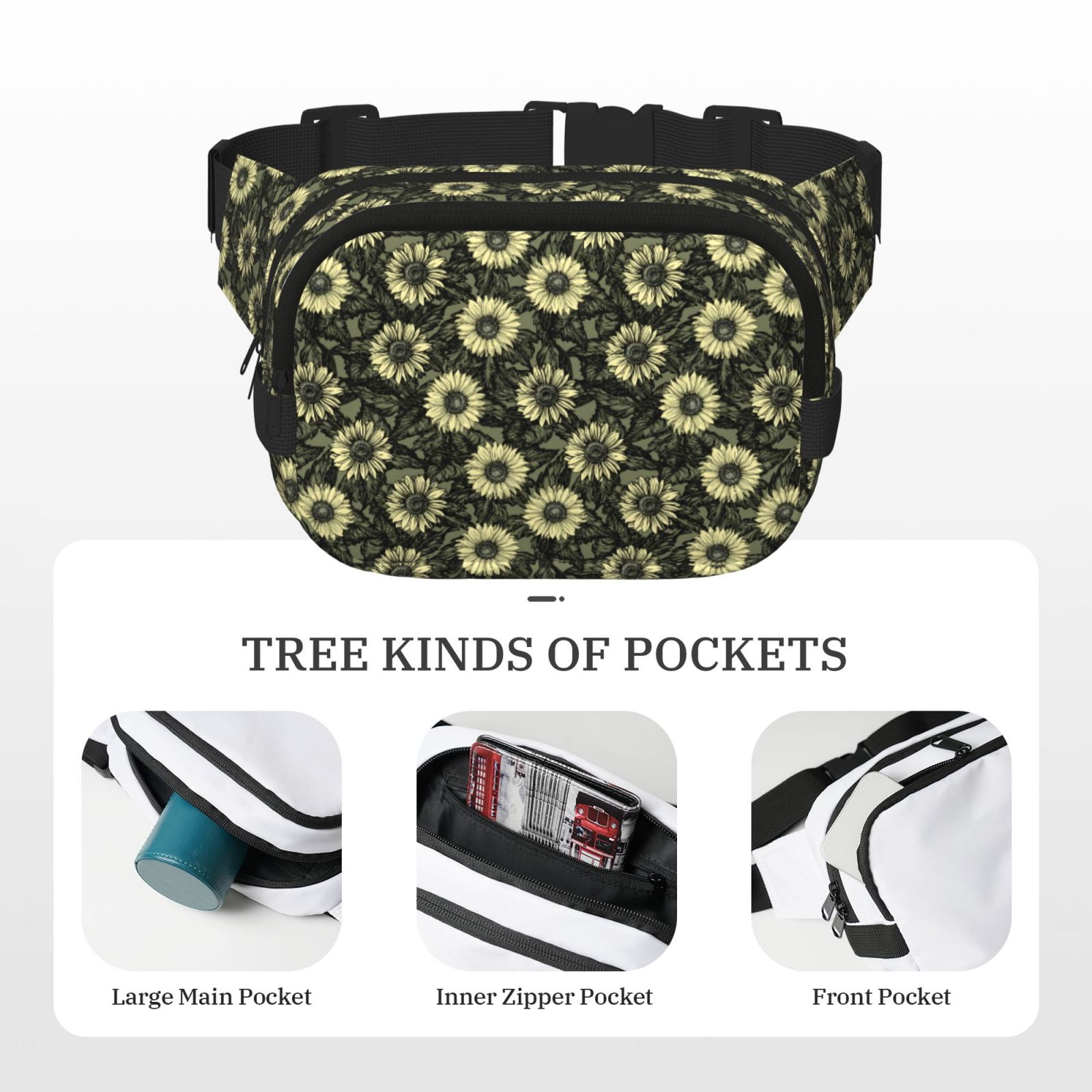 Picia Sunflowers Print Square Double-Layer Waist Bag Mini Adjustable Waist Belt Bag Exercise Running Travel Hiking
