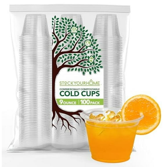 Stock Your Home 9 oz Clear Commercially Compostable Cold Cups (100 Pack) Plant Based Eco Party Cup, Environmentally Friendly Recyclable Disposable Sustainable for Water, Wine & Beer Sample