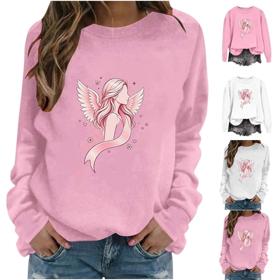 Pxxlle Breast Cancer Awareness Shirts for Women Pink Ribbon Print Tops for Cancer Fighter Casual Long Sleeve Crew Neck Sweatshirt M