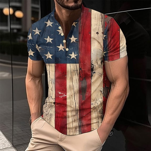 WAENQINLA Big and Tall Shirts for Men Henley Shirt American Flag Star Stripes Patriotic T-Shirt Comfy Short Sleeve Button up Shirts Tops
