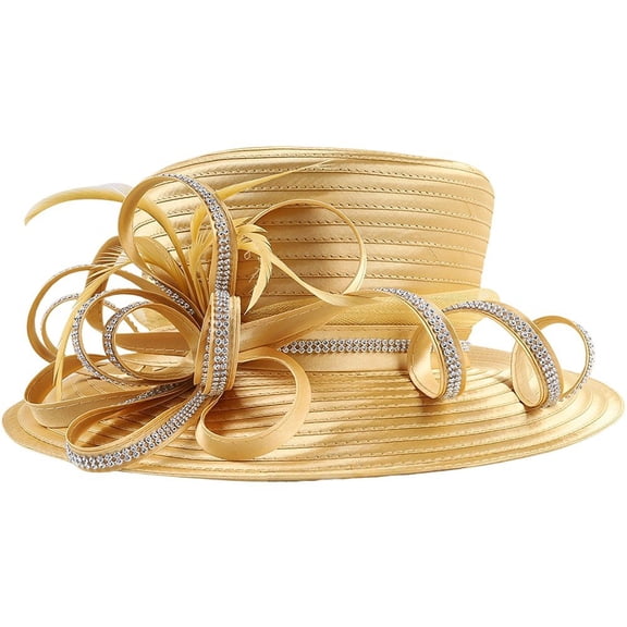 Slccxzc Women Wide Brim Hat, Satin Cloth Rhinestone Church Hat, Elegant Wedding Photography Hat Female Banquet Fascinator Formal Hat Tea Party Hat
