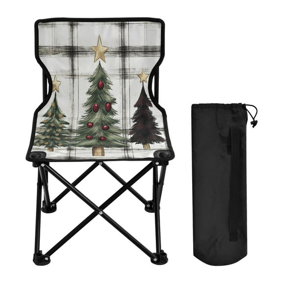 WOBOGO Christmas Trees on A White and Black Plaid Pattern Camping Chair Convenient Four Corner Backrest Folding Stool Can Hold Up to 220lbs