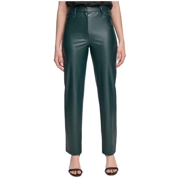 Calvin Klein Womens Faux Leather Cropped Casual Trouser Pants, turqaqua, 6