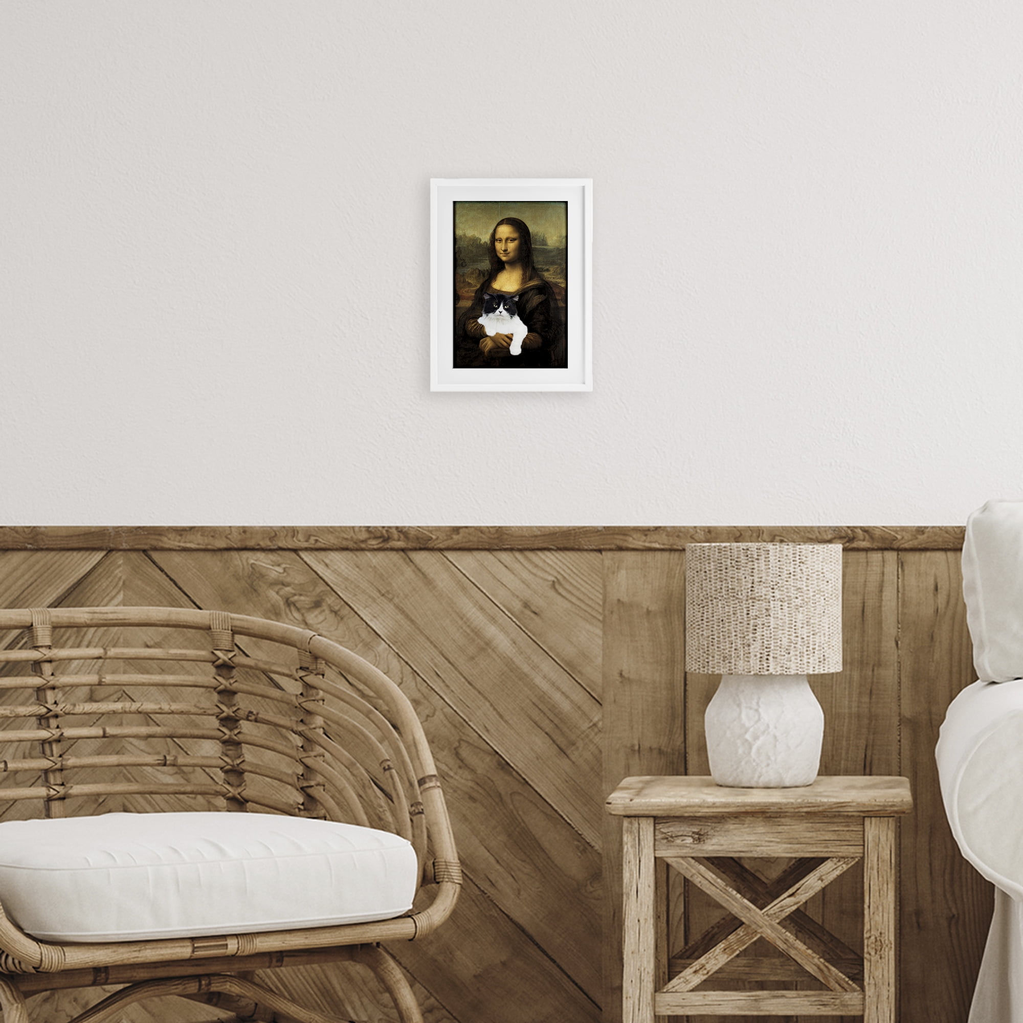 Mona Lisa Cat Lady White Framed Print Under Glass, design by Masters Redux