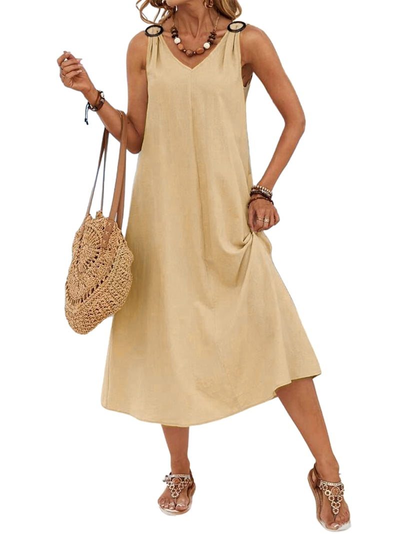 Dresses for Women Spring Summer Sleeveless V Neck Cotton Beach Casual Dress Khaki L