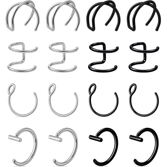Fake Lip Piercing, 16 Pcs Stainless Steel Fake Lip Ring 8mm Faux Nose Ring Non Piercing Hoop Nose Rings for Women Men (Silver, Black)