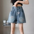 thumbnail image 2 of Girl's Denim Shorts With Butterfly Lace Decor Elastic Waist Y2k Jean Shorts Y2K Washed Denim Shorts Streetwear 2025, 2 of 10