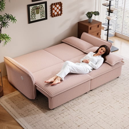 FFZ 85 inch Convertible 2-in-1 Sofa Bed with Plush Fabric for Living Room, Pink