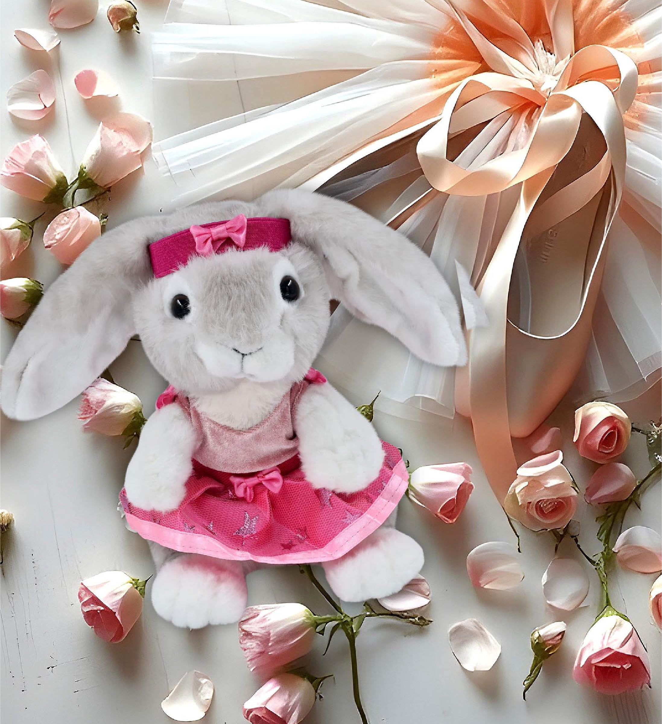 DolliBu Grey Rabbit Stuffed Animal with Ballerina Dress Up Set - Cute Rabbit Plush Toy in Ballet Costume with Tutu Skirt, Headband, and Shirt for Kids and Adults - 6.5 Inches