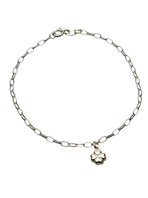 Sterling Silver Shamrock Clover Charm Bracelet Italy, 7.5"