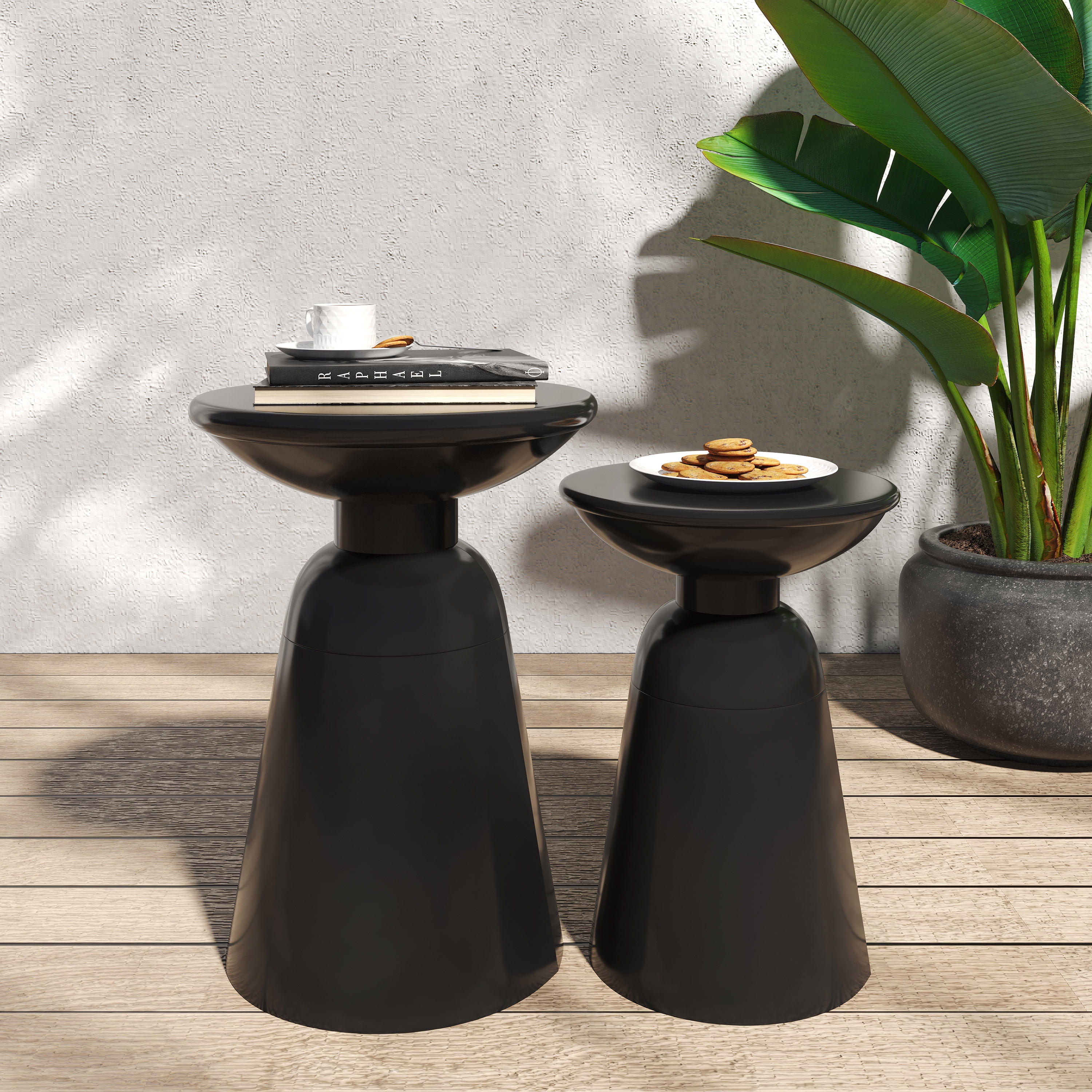 Outdoor Side Table Set of 2, Iron Frame Flared Style Accent Tables for Patio Garden, Black