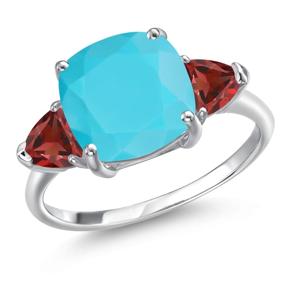 Gem Stone King 4.08 Ct Cushion Green Turquoise Red Garnet 10K White Gold Ring (Size 6)