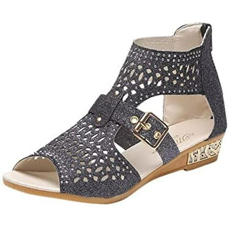 

Platform Sandals for Women Dressy Crystal Flat Set with Strap Hollow Open-Toe Flip-Flop Casual Slim Roman Shoes