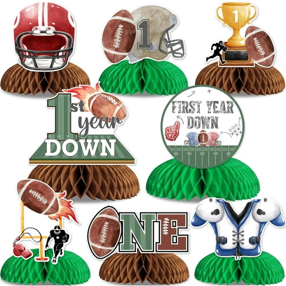 JOYMEMO 8 Pieces First Year Down Honeycomb Centerpieces Watercolor - Football 1st Birthday Decorations for Boys, Football Theme First Birthday Table Toppers Sports Party Supplies