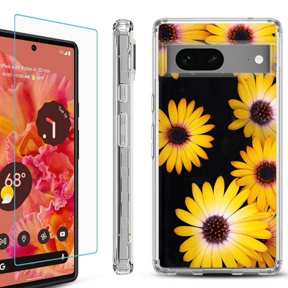 OneToughShield ® for Google Pixel 7a Shockproof Bumper Phone Case, with Tempered Glass Screen Protector - Yellow Flower