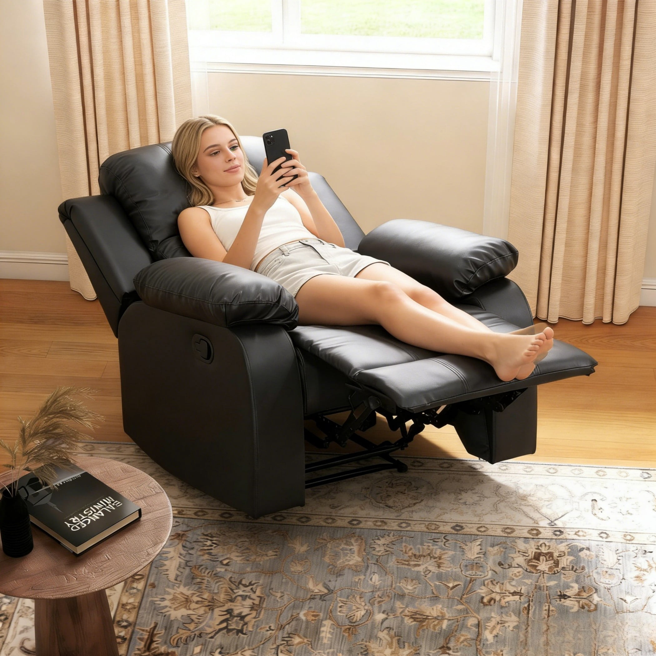 BSHTI PU Manual Recliner Chair – Single Sofa Recliner with Adjustable Backrest, High-Density Foam, Hardwood Frame, Comfort Lazy Chair for Living Room, Bedroom, Black