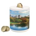 thumbnail image 1 of New York Piggy Bank, Central Park in Autumn with Lake Trees and Manhattan USA American Nature Image, Ceramic Coin Bank Money Box for Cash Saving, 3.6" X 3.2", Multicolor, by Ambesonne, 1 of 4