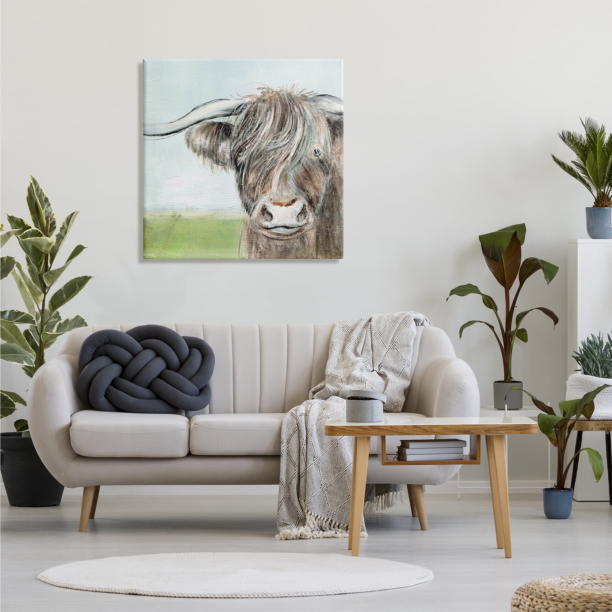 Stupell Industries Shaggy Cattle Brown Country Animal Blue Sky Paintings Gallery-Wrapped Canvas Print Wall Art, 30x30, by Janet Tava