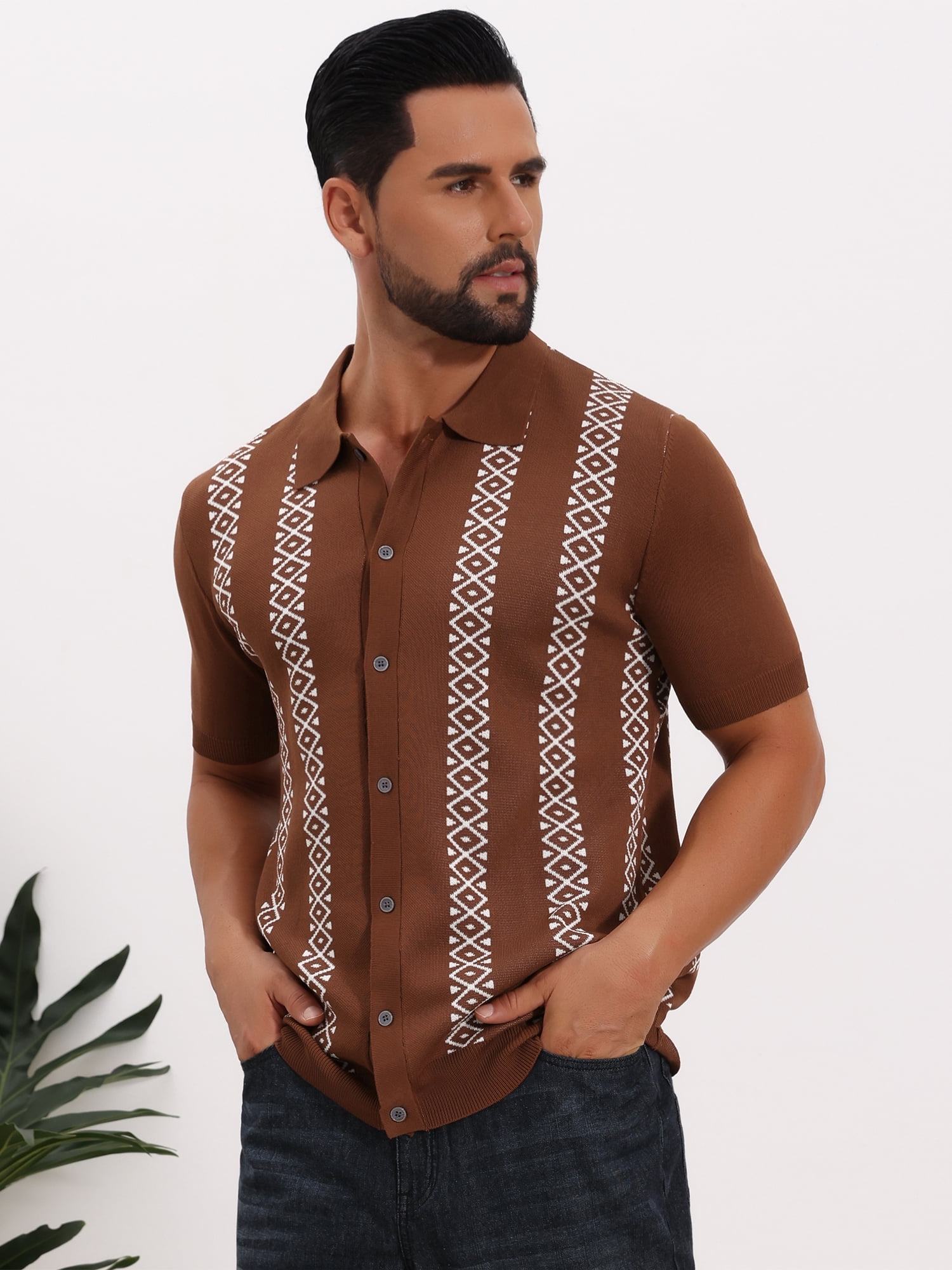 DARING DIVA Men's Jacquard Short Sleeve Button Down Knitted Golf Polo Shirts 2XL Brown