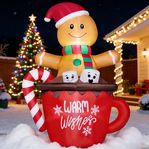 Joyfy 6 FT Christmas Inflatables Gingerbread Man Outdoor Decorations,Gingerbread Man Cocoa Mug Blow Ups Yard with Built-in LEDs for Holiday Party Garden Lawn Decor