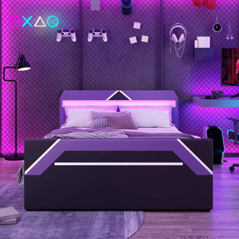 Queen Size Cyberpunk Style Low Profile Bed with LED Lighting Headboard, Hydraulic Storage Platform Bed Frame for Kids/Teens/Adults