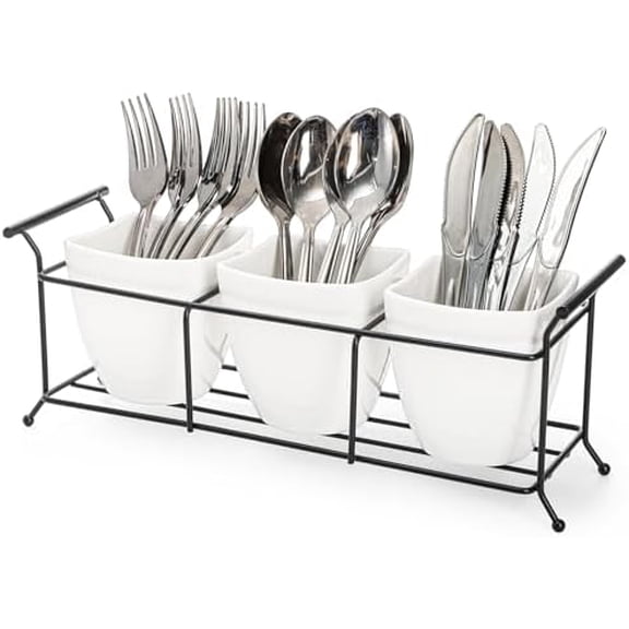 3-Piece Ceramic Flatware Caddy with Metal Rack, Utensil Holder Silverware Caddy Cutlery Organizer, White
