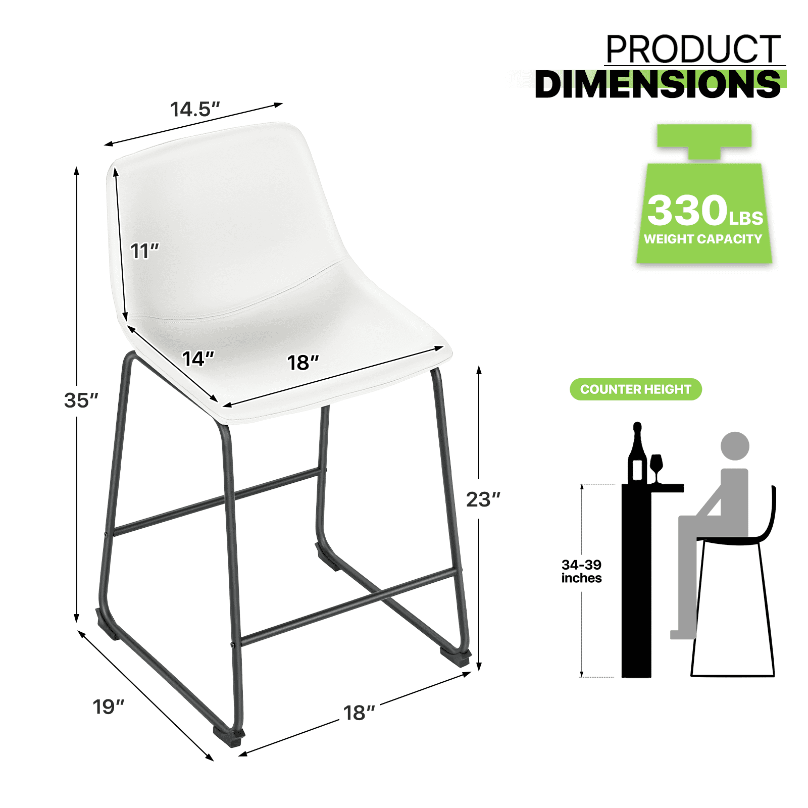Magshion Modern Barstools Set of 2, PU Leather Counter Height Bar Stools, Dining Pub Chairs with Padded Bucket Seat, White