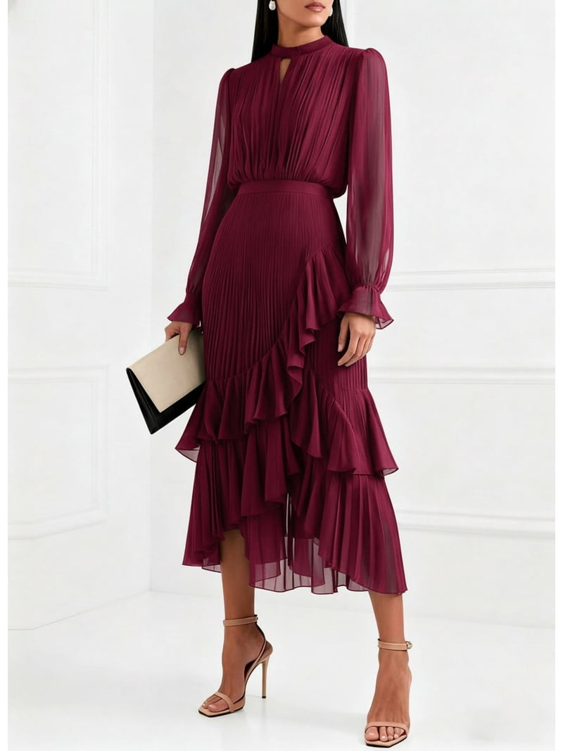 mock neck gathered sleeve layered ruffle detail dress 2026 European and American Spring/Summer New Women's Mock Neck Long Puff  Sleeve Pleated Asymmetrical Tiered Ruffle Midi Dress