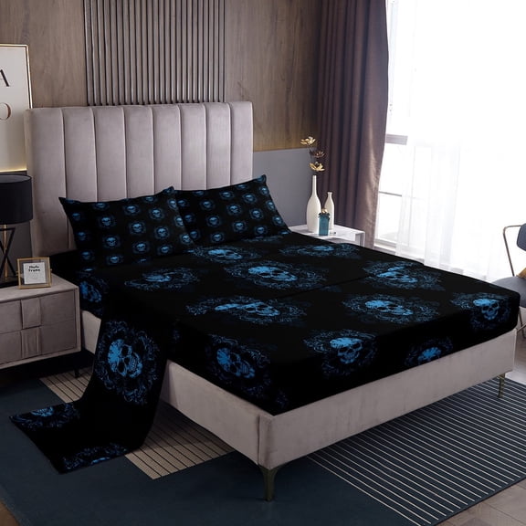 YST Black Blue Damask Sheet Set Queen Size For Boys, Halloween Skull Sheets Skeleton Bones Bed Sheets Set For Kids Teens Adult, Gothic Spooky Bohemian Flat Fitted Sheet, 2 Pillow Cases