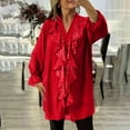 thumbnail image 2 of lulshou Long Sleeve Shirts for Women Casual Solid Color V-Neck Pullover Top with Button Detail, Red, M, 2 of 6