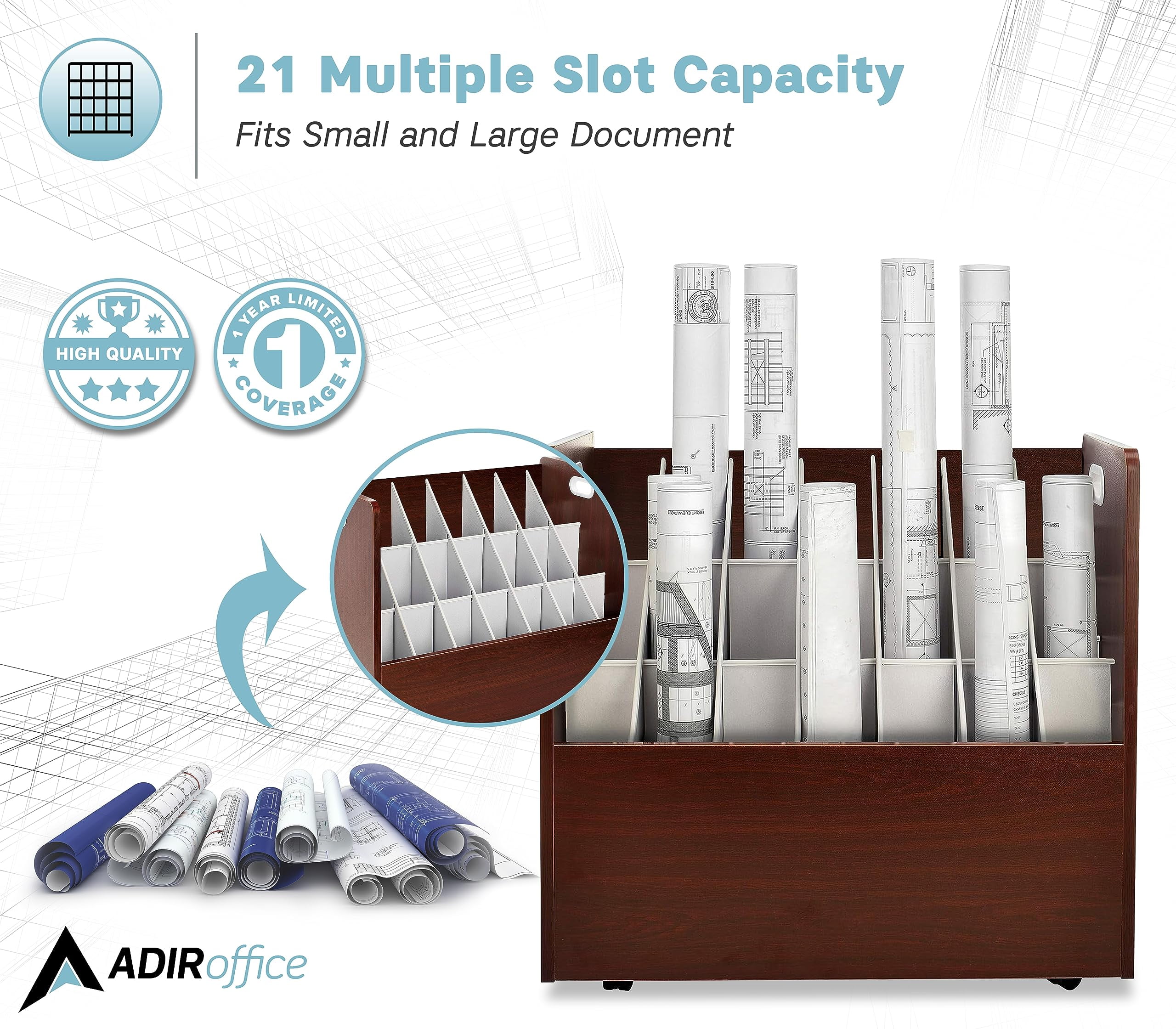 Adir Blue Print Storage Organizer - Mobile Roll File Cart, Construction Plan Holders, Blueprint Cabinet with Wheels, Roll Files Storage for Office and Home (21 Slots, Mahogany)