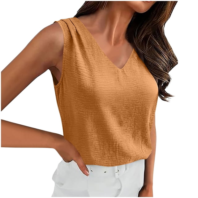 Top sin Mangas con Cuello en V Clásico de las Mujeres en Punto Suave Y Transpirable con Ajuste a Medida para Capas Versátiles, Tela con Textura Beige para Uso Casual Y de Oficina