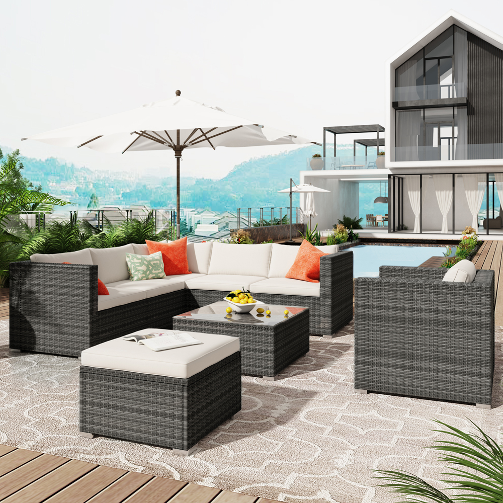 Outdoor Wicker Furniture Sets, YOFE 8 PCS Outdoor Conversation Sets, Modern Outdoor Sectional Sofa Set w/ Cushions, Ottoman/Coffee Table, Patio Furniture Set for Garden Backyard Poolside, Grey, R5609 - image 1 of 8