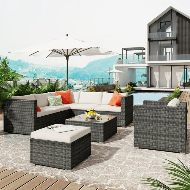 Outdoor Wicker Furniture Sets, YOFE 8 PCS Outdoor Conversation Sets, Modern Outdoor Sectional Sofa Set w/ Cushions, Ottoman/Coffee Table, Patio Furniture Set for Garden Backyard Poolside, Grey, R5609
