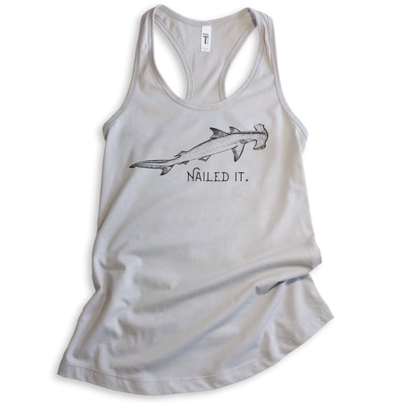 Nailed It Hammerhead Shark Tank Top, Ladies Racerback Tank Top, Funny Shark Tank Tee, Funny Shark Meme, Silver Gray, Medium