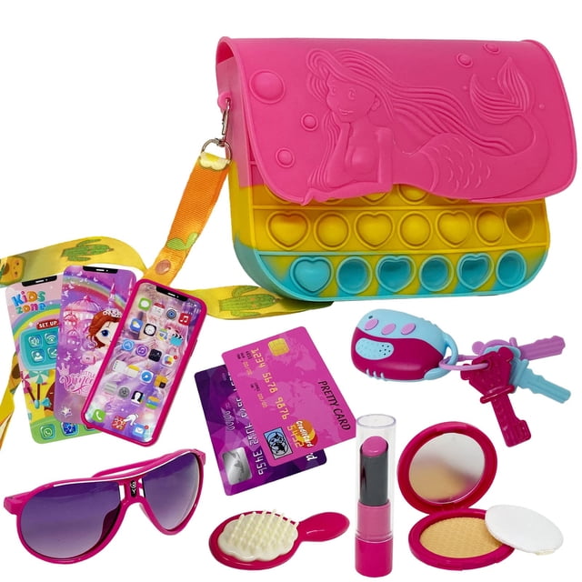 Mi primer bolso, bolso para niña con accesorios, bolsos para niñas de 3 años, juego de lápiz labial, teléfono que hace sonido, cepillo de princesa, maquillaje para niños | Juego de juguetes Fidget Pop