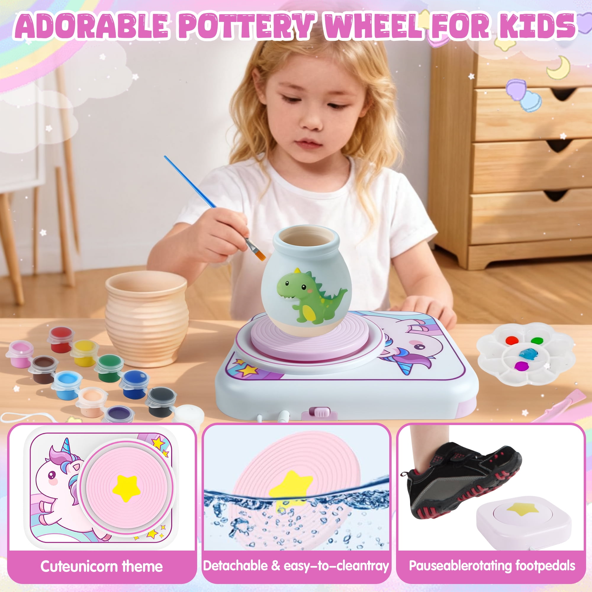 Jaawind Pottery Wheel for Kids Ages 8-12, Unicorn Arts and Crafts Kit with 4 Pack Clays, Art Supplies Toys for Boys Girls, Birthday Gift for 6 7 8 9 10+