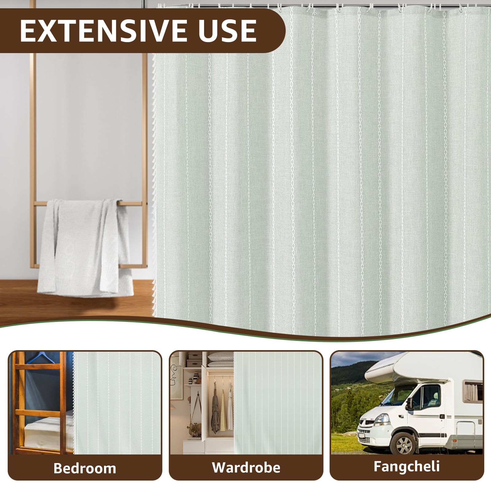 Dznils Boho Tassel Shower Curtain with Hooks, Farmhouse Thick Cloth Linen Fabric Bathroom Curtain, Green, 72" x 72"