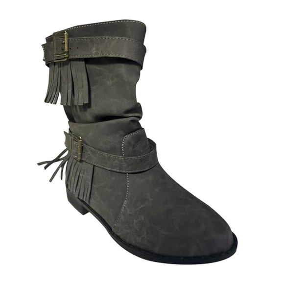 Kyusrd Mid-Calf Boots For Women Women's Plus-size Mid-tube Boots With Tassel Buckle Round Head Flat Boots