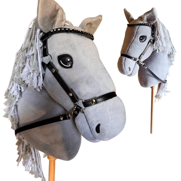 Playful Minds Large Hobby Horse – Show-Quality Stick Horse with Rhinestone Bridle & Long Mane – Grey