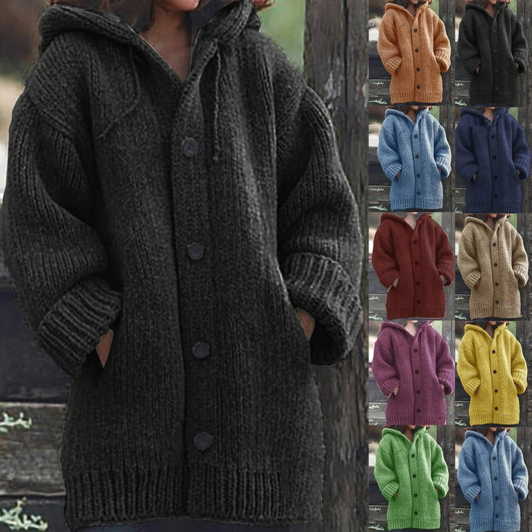 Womens Cardigan Sweaters Winter Coats for Women Chunky Knit Warm Sweaters Long Sleeve Pocket Outwear Button Down Hooded Jackets Thicken Tops Sueter de